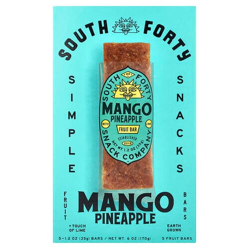 South Forty Snack Company, Fruit Bars, Mango Pineapple + Touch of Lime, 5 Bars, 1.2 oz (35 g) Each