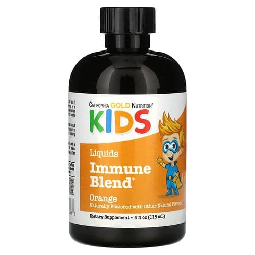 California Gold Nutrition, Liquid Immune Blend with Olive Leaf Extract, St. John's Wort Extract and Colloidal Silver for Children, No Alcohol, Orange,