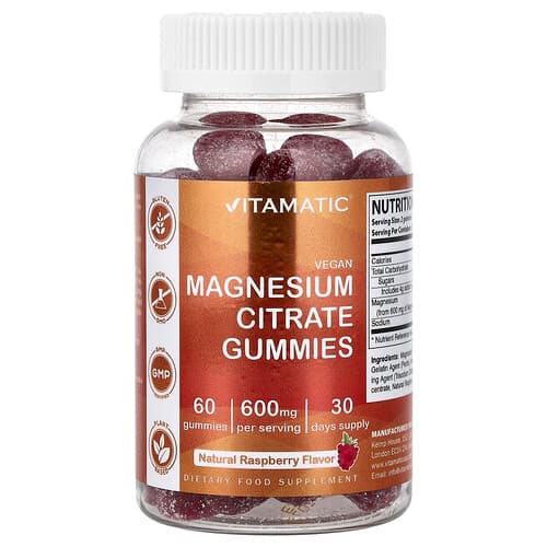 Vitamatic, Vegan Magnesium Citrate Gummies, Natural Raspberry, 60 Gummies