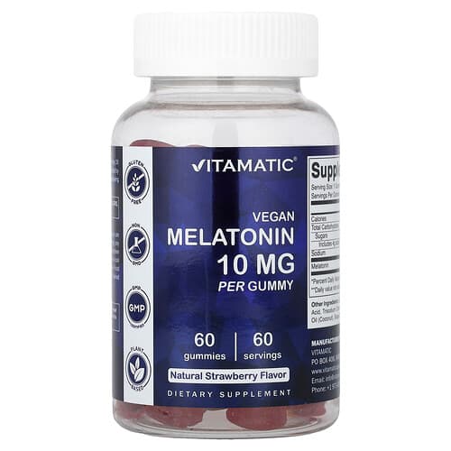Vitamatic, Vegan Melatonin Gummies, Natural Strawberry, 10 mg, 60 Gummies